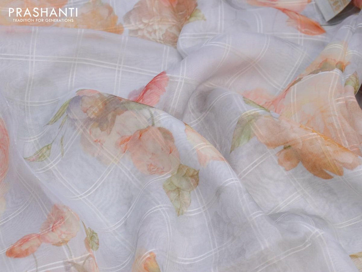 Organza silk saree grey with allover floral digital prints and zari woven border - {{ collection.title }} by Prashanti Sarees