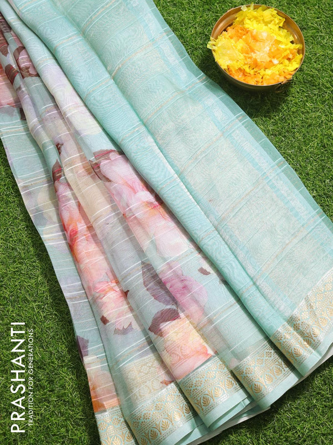 Organza silk saree light blue shade with allover zari weaves & floral digital prints and zari woven border - {{ collection.title }} by Prashanti Sarees