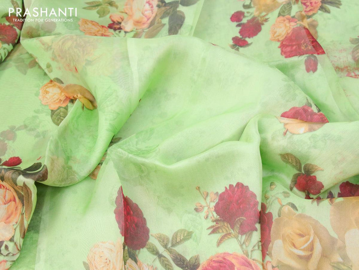 Organza silk saree light green with allover digital prints and silver zari woven border - {{ collection.title }} by Prashanti Sarees