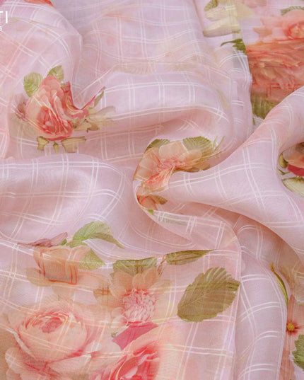 Organza silk saree light pink with allover floral digital prints and zari woven border - {{ collection.title }} by Prashanti Sarees