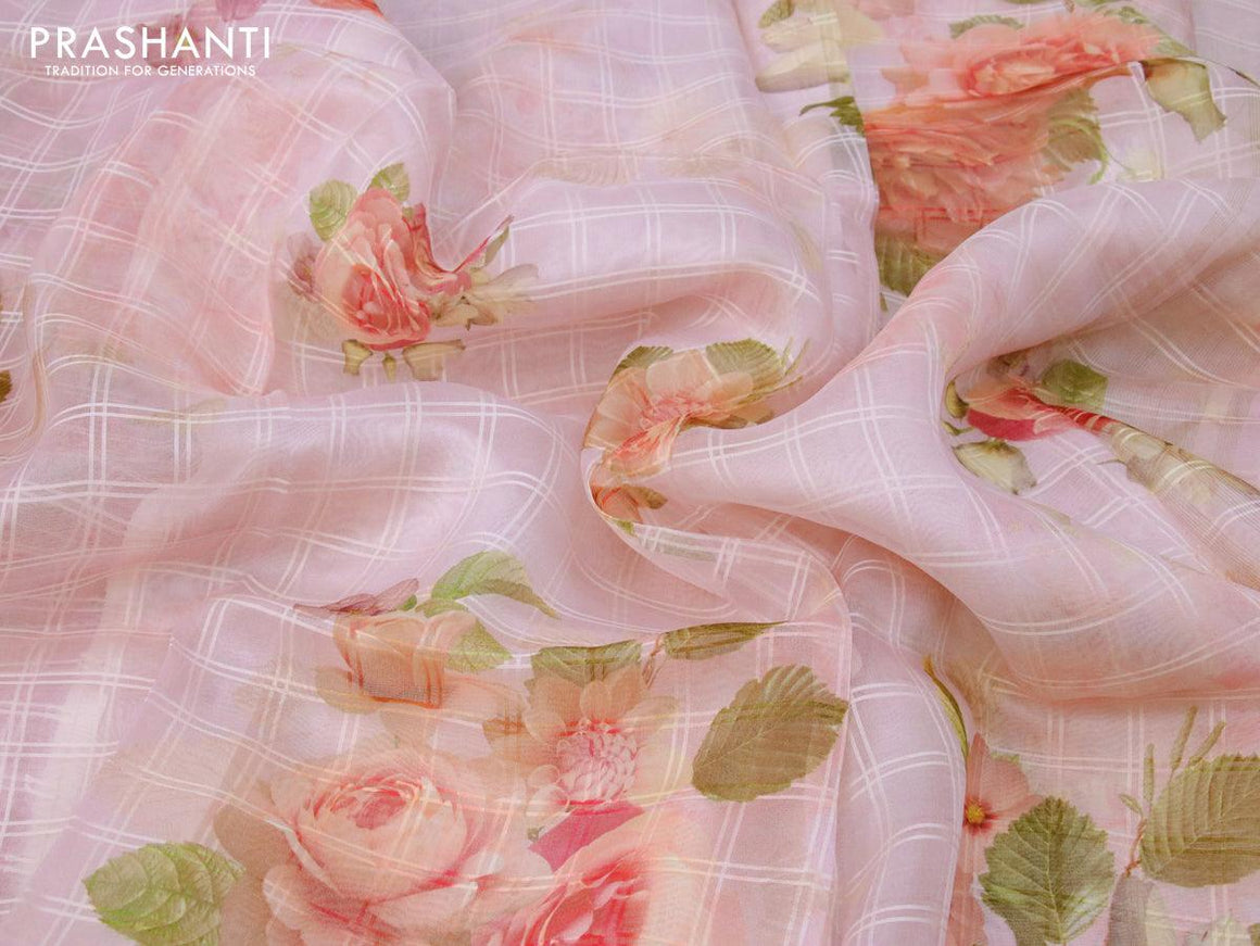 Organza silk saree light pink with allover floral digital prints and zari woven border - {{ collection.title }} by Prashanti Sarees