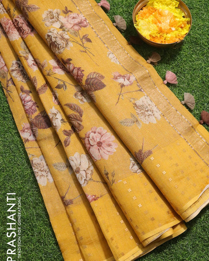 Organza silk saree mustard yellow with allover floral digital prints and sequin work border - {{ collection.title }} by Prashanti Sarees