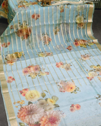 Organza silk saree pastel blue with allover zari weaves & floral digital prints and zari woven border - {{ collection.title }} by Prashanti Sarees
