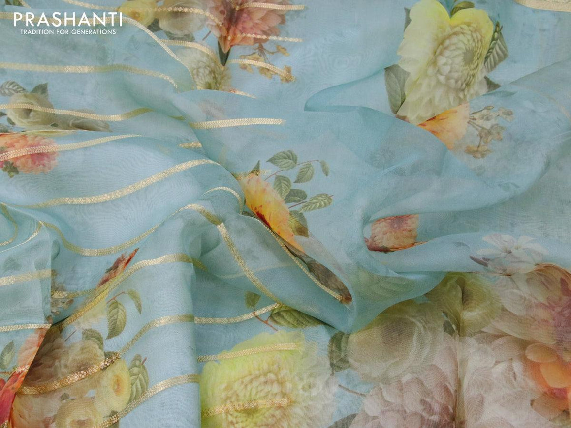 Organza silk saree pastel blue with allover zari weaves & floral digital prints and zari woven border - {{ collection.title }} by Prashanti Sarees