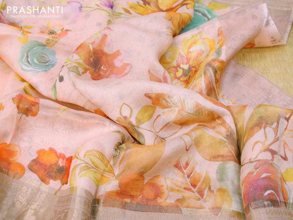 Organza silk saree pastel pink with allover floral digital prints and long zari woven border - {{ collection.title }} by Prashanti Sarees