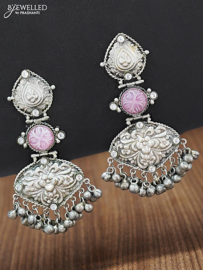 Oxidised baby pink stone earring with floral design and hangings - {{ collection.title }} by Prashanti Sarees