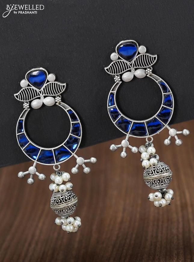 Oxidised chandbali earring with blue stone and pearl hangings - {{ collection.title }} by Prashanti Sarees