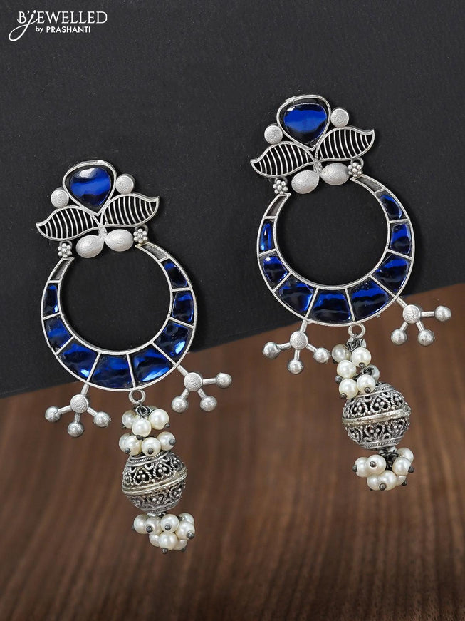Oxidised chandbali earring with blue stone and pearl hangings - {{ collection.title }} by Prashanti Sarees