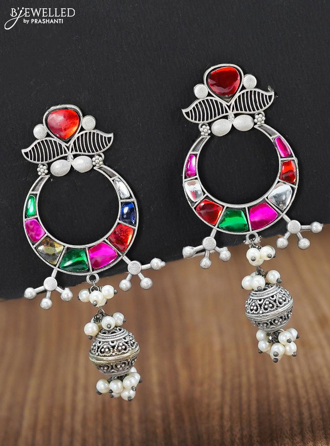 Oxidised chandbali earring with multicolour stone and pearl hangings - {{ collection.title }} by Prashanti Sarees