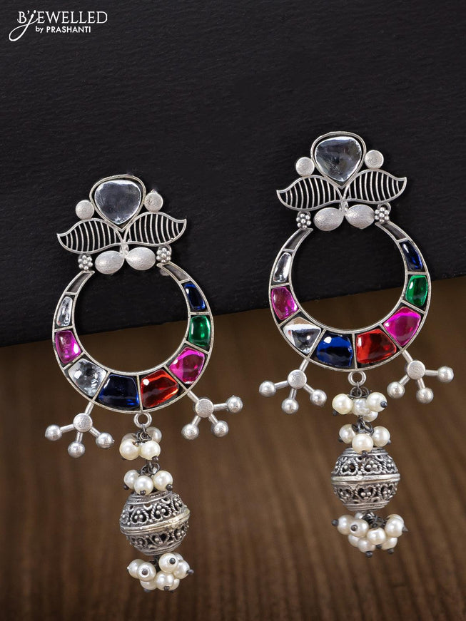 Oxidised chandbali earring with multicolour stone and pearl hangings - {{ collection.title }} by Prashanti Sarees