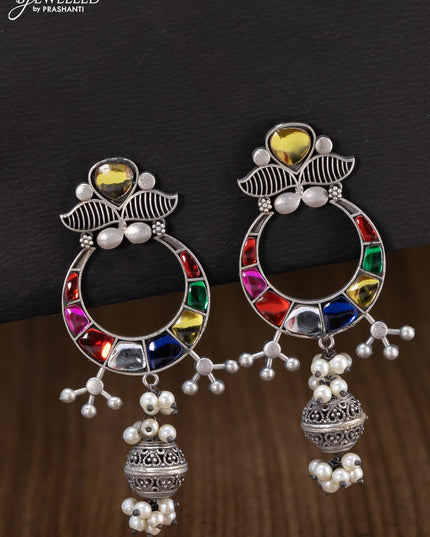 Oxidised chandbali earring with multicolour stone and pearl hangings - {{ collection.title }} by Prashanti Sarees