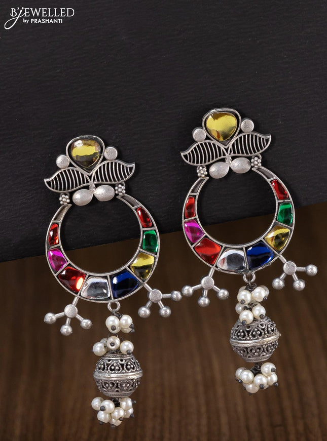 Oxidised chandbali earring with multicolour stone and pearl hangings - {{ collection.title }} by Prashanti Sarees