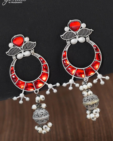 Oxidised chandbali earring with red stone and pearl hangings - {{ collection.title }} by Prashanti Sarees