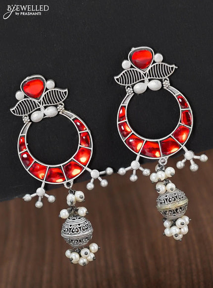 Oxidised chandbali earring with red stone and pearl hangings - {{ collection.title }} by Prashanti Sarees
