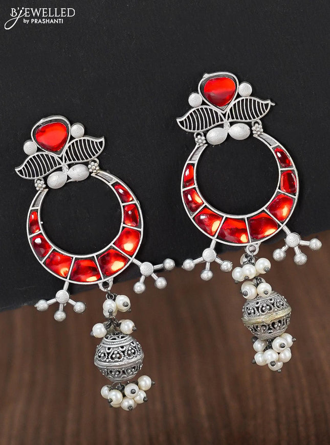 Oxidised chandbali earring with red stone and pearl hangings - {{ collection.title }} by Prashanti Sarees