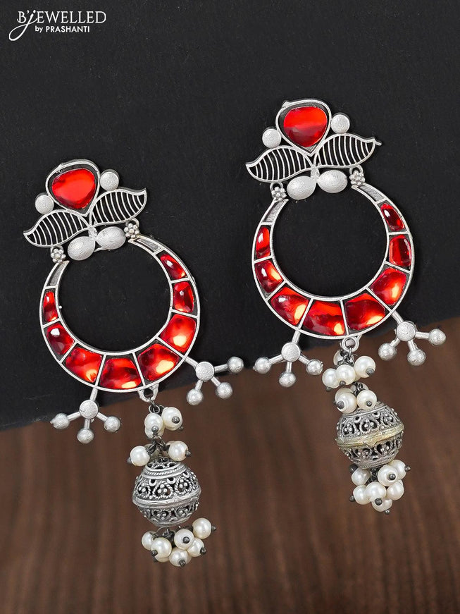 Oxidised chandbali earring with red stone and pearl hangings - {{ collection.title }} by Prashanti Sarees