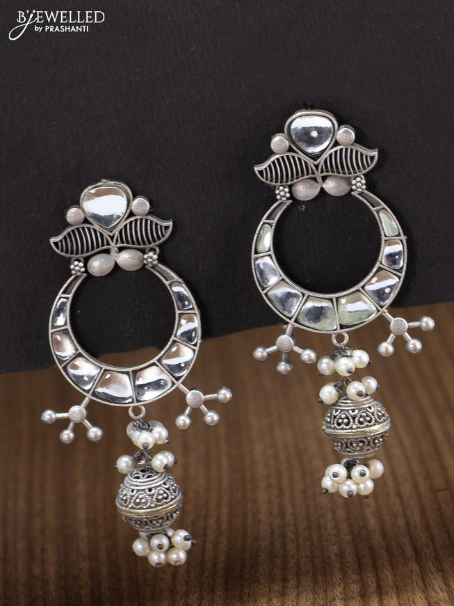 Oxidised chandbali earring with white stone and pearl hangings - {{ collection.title }} by Prashanti Sarees