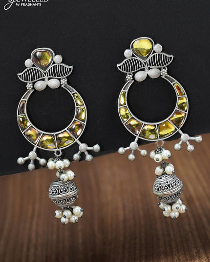 Oxidised chandbali earring with yellow stone and pearl hangings - {{ collection.title }} by Prashanti Sarees