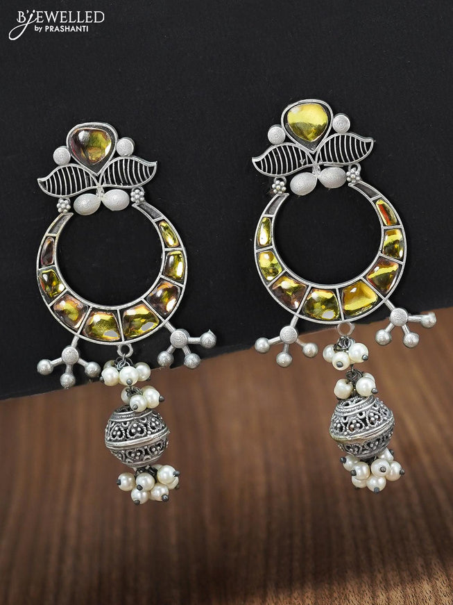 Oxidised chandbali earring with yellow stone and pearl hangings - {{ collection.title }} by Prashanti Sarees