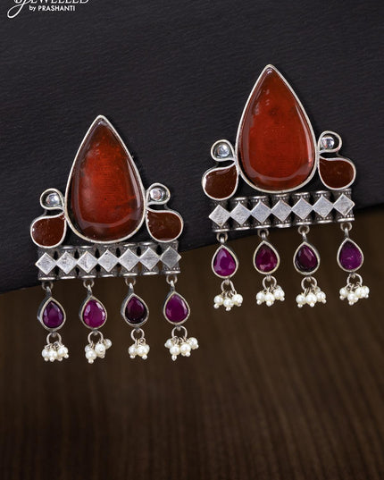 Oxidised earring with maroon stone and pearl hangings - {{ collection.title }} by Prashanti Sarees
