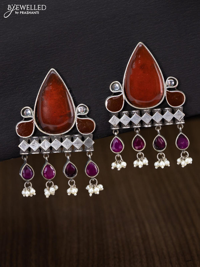 Oxidised earring with maroon stone and pearl hangings - {{ collection.title }} by Prashanti Sarees