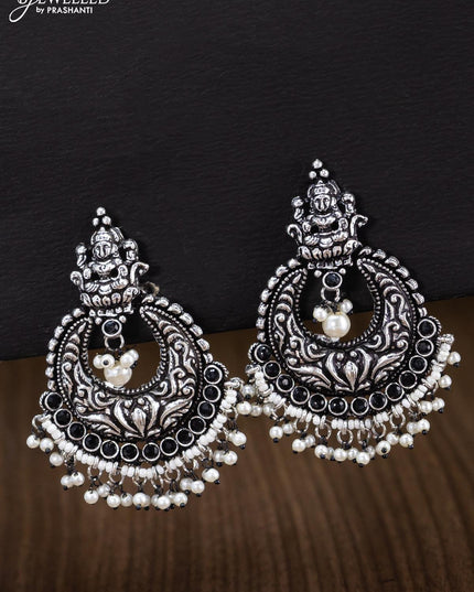 Oxidised earrings lakshmi design with black stone and pearl hangings - {{ collection.title }} by Prashanti Sarees