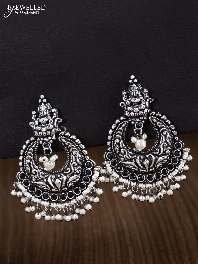 Oxidised earrings lakshmi design with black stone and pearl hangings - {{ collection.title }} by Prashanti Sarees