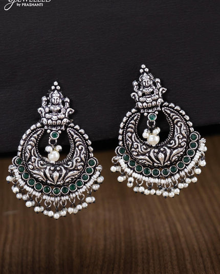 Oxidised earrings lakshmi design with emerald stone and pearl hangings - {{ collection.title }} by Prashanti Sarees