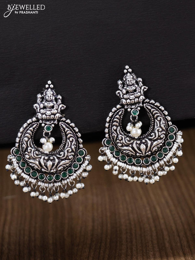 Oxidised earrings lakshmi design with emerald stone and pearl hangings - {{ collection.title }} by Prashanti Sarees