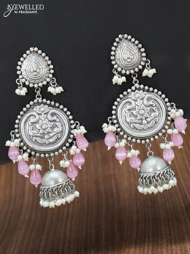 Oxidised floral design earring with baby pink monalisa beads hangings - {{ collection.title }} by Prashanti Sarees