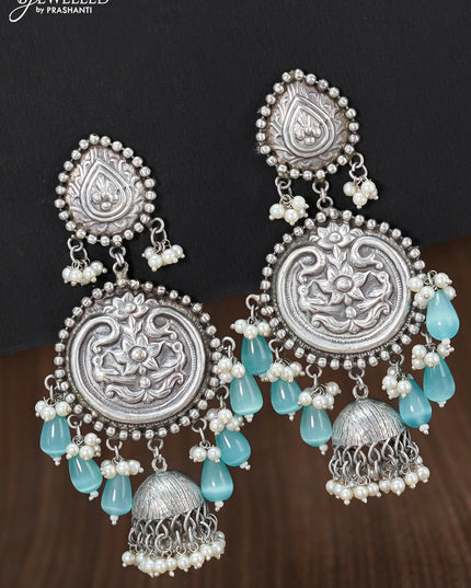 Oxidised floral design earring with light blue monalisa beads hangings - {{ collection.title }} by Prashanti Sarees