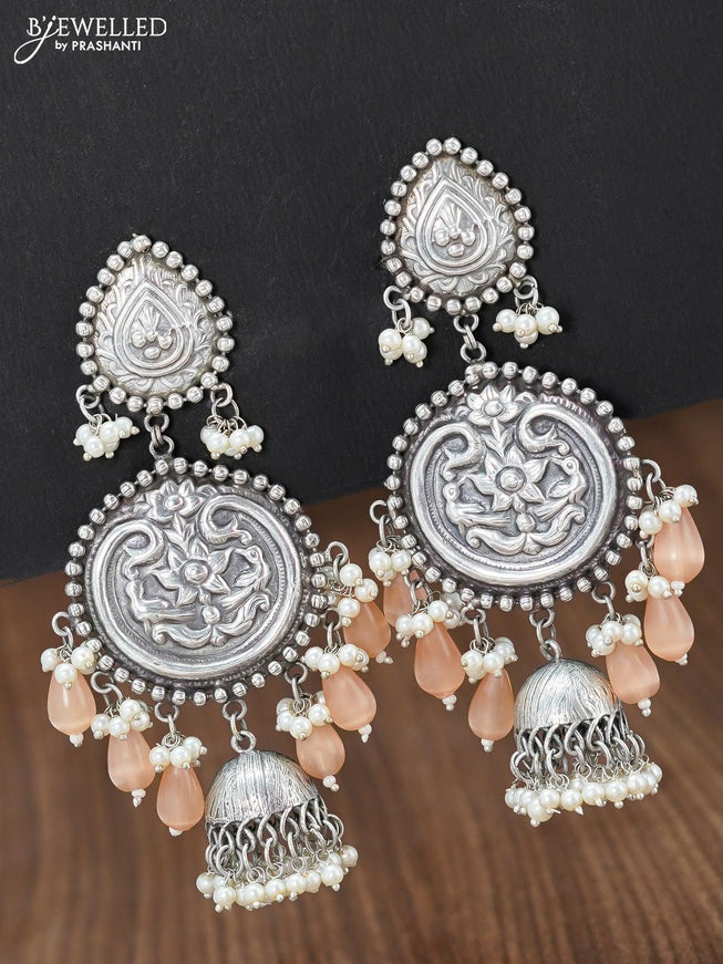 Oxidised floral design earring with peach monalisa beads hangings - {{ collection.title }} by Prashanti Sarees