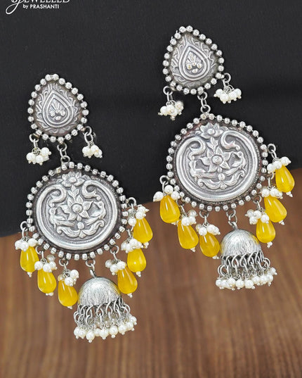 Oxidised floral design earring with yellow monalisa beads hangings - {{ collection.title }} by Prashanti Sarees