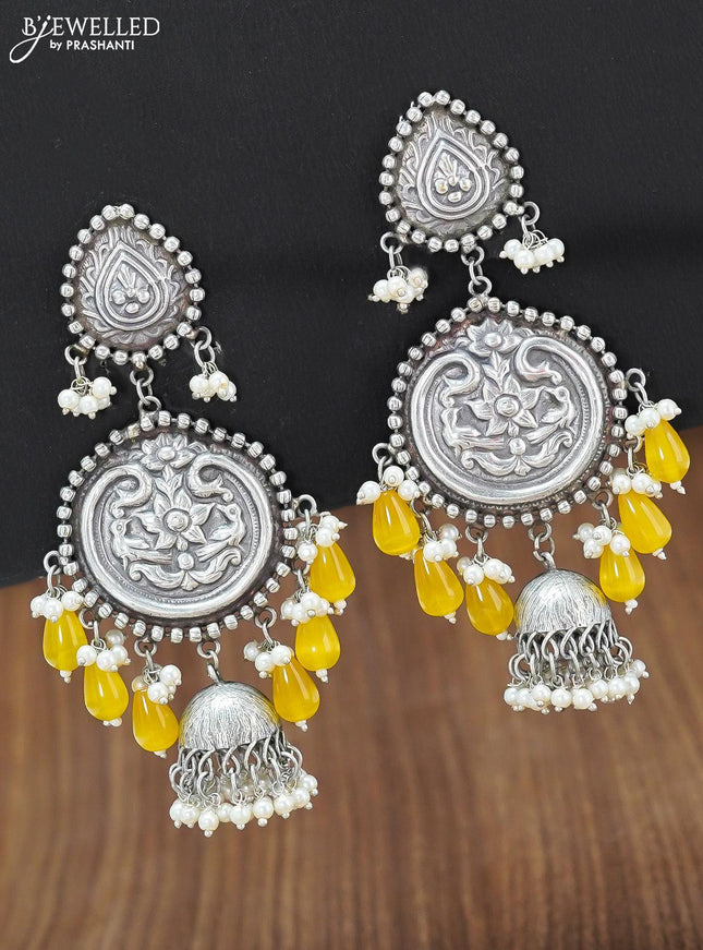 Oxidised floral design earring with yellow monalisa beads hangings - {{ collection.title }} by Prashanti Sarees