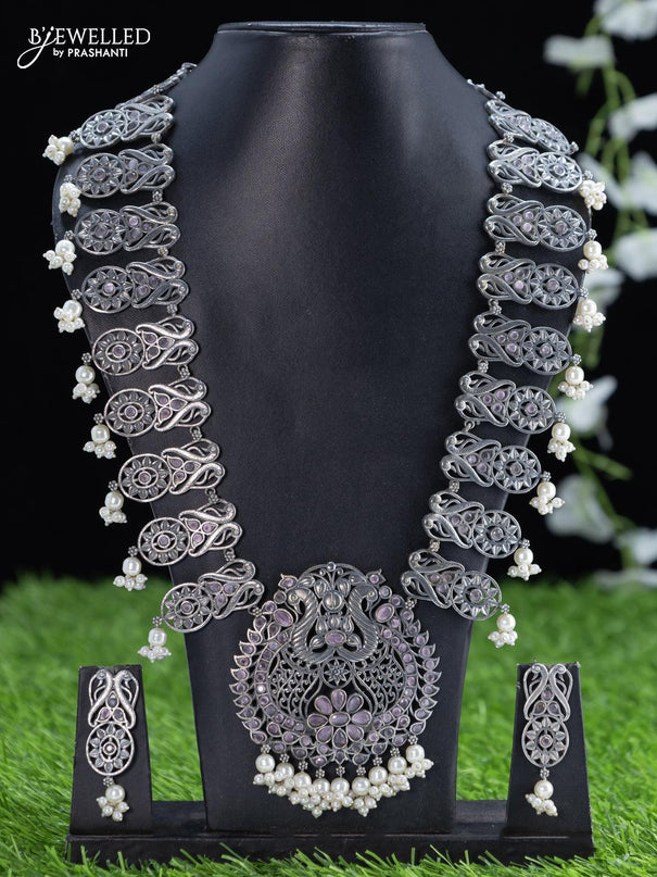 Oxidised haaram with baby pink stone and pearl hangings - {{ collection.title }} by Prashanti Sarees