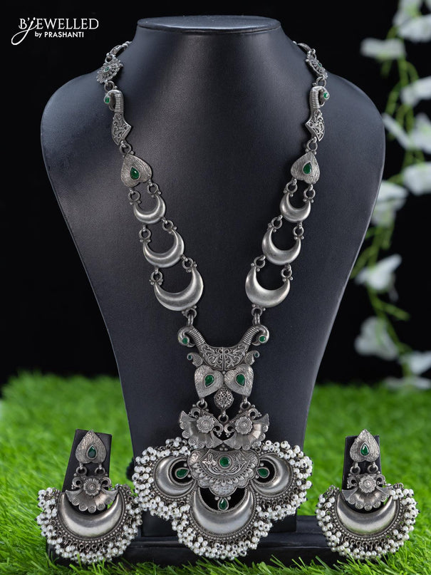 Oxidised haaram with emerald stone and pearl hangings - {{ collection.title }} by Prashanti Sarees