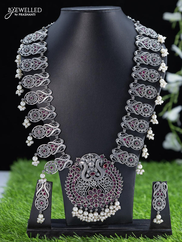 Oxidised haaram with pink kemp stone and pearl hangings - {{ collection.title }} by Prashanti Sarees