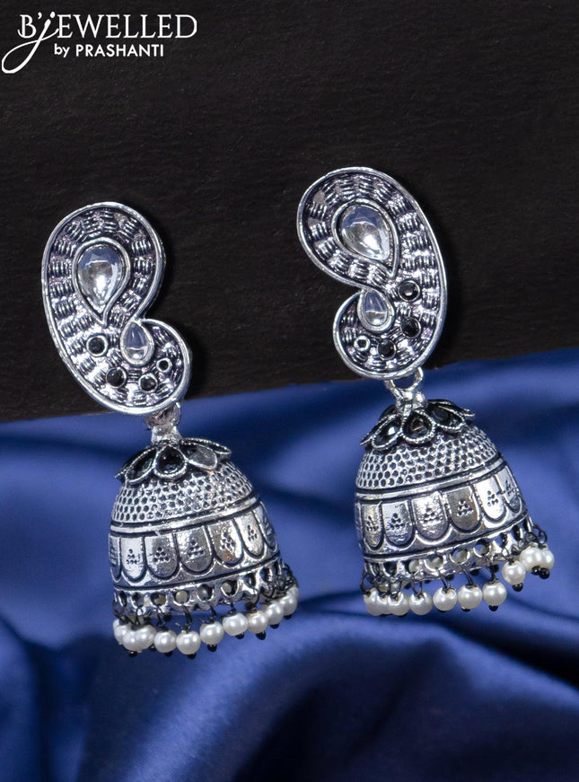 Oxidised jhumka paisley design with black stones and pearl hangings - {{ collection.title }} by Prashanti Sarees