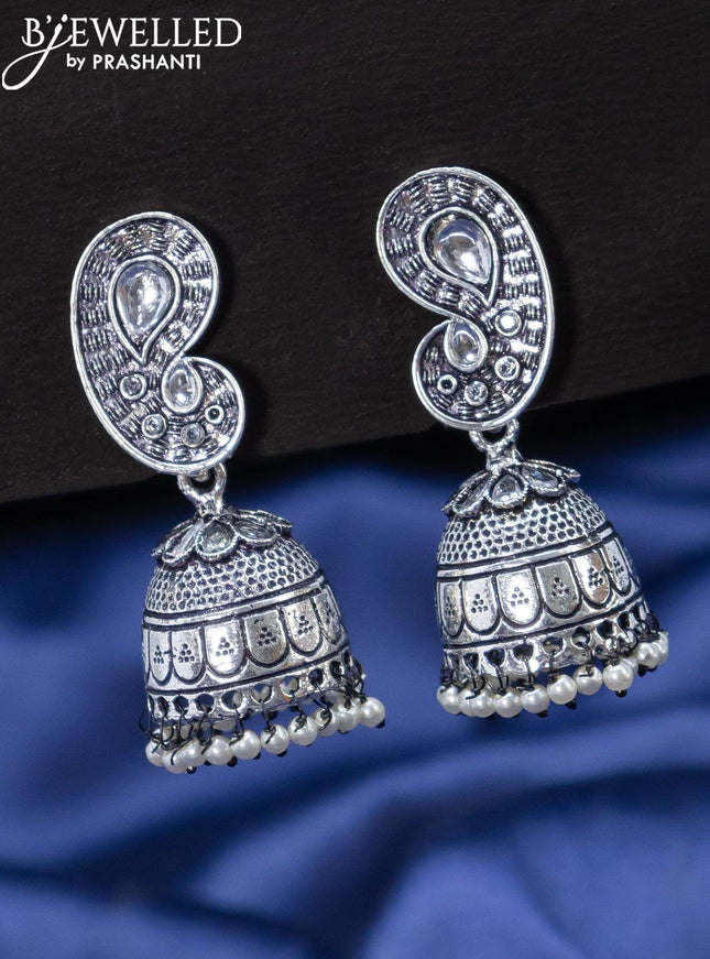 Oxidised jhumka paisley design with cz stones and pearl hangings - {{ collection.title }} by Prashanti Sarees