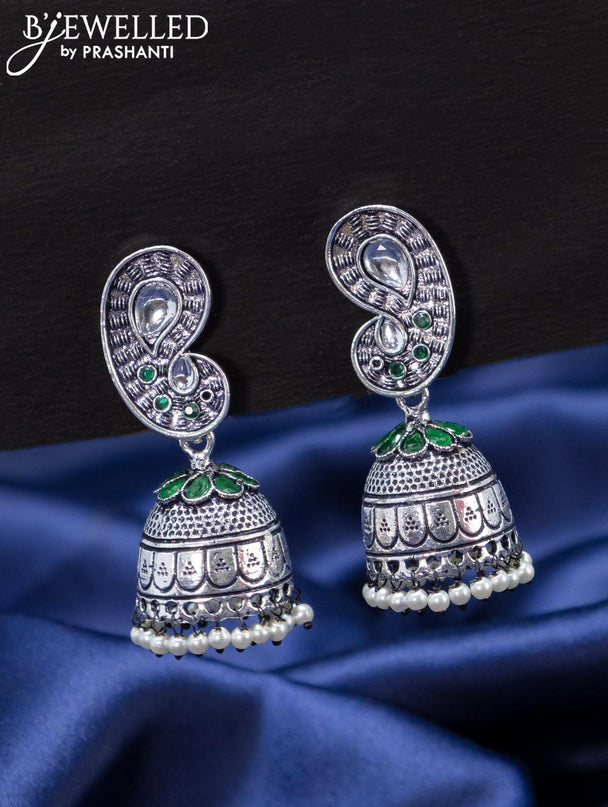 Oxidised jhumka paisley design with emerald stones and pearl hangings - {{ collection.title }} by Prashanti Sarees