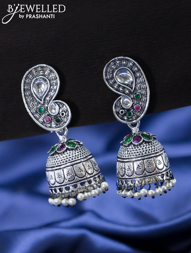Oxidised jhumka paisley design with kemp stones and pearl hangings - {{ collection.title }} by Prashanti Sarees
