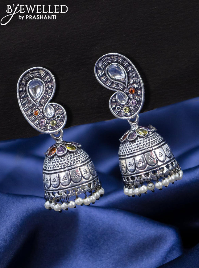 Oxidised jhumka paisley design with multicolour stones and pearl hangings - {{ collection.title }} by Prashanti Sarees