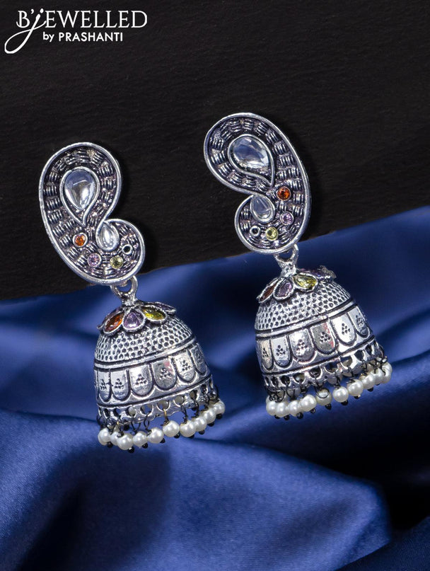 Oxidised jhumka paisley design with multicolour stones and pearl hangings - {{ collection.title }} by Prashanti Sarees