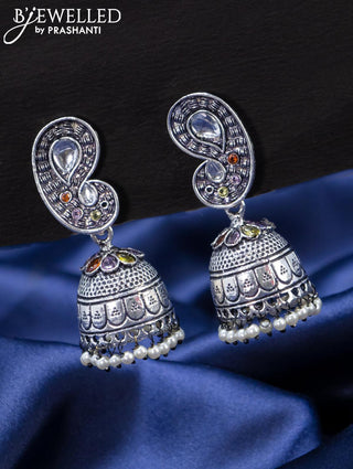 Oxidised jhumka paisley design with multicolour stones and pearl hangings