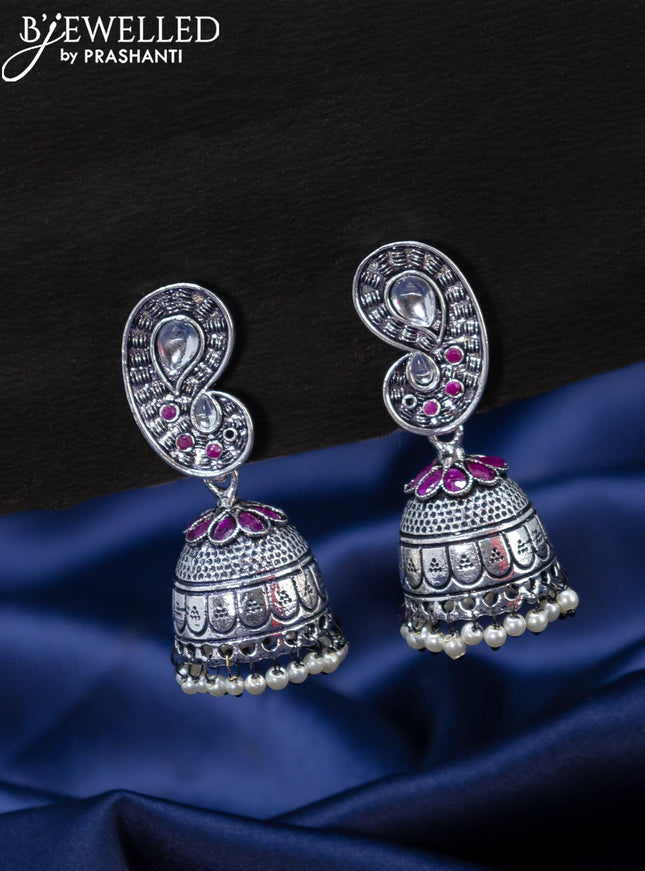 Oxidised jhumka paisley design with ruby stones and pearl hangings - {{ collection.title }} by Prashanti Sarees