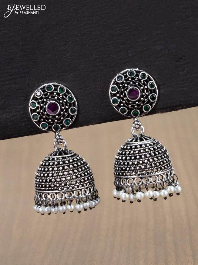 Oxidised jhumka with kemp stones and pearl hangings - {{ collection.title }} by Prashanti Sarees