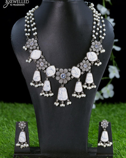 Oxidised necklace floral design white and cz stones with pearl hangings - {{ collection.title }} by Prashanti Sarees
