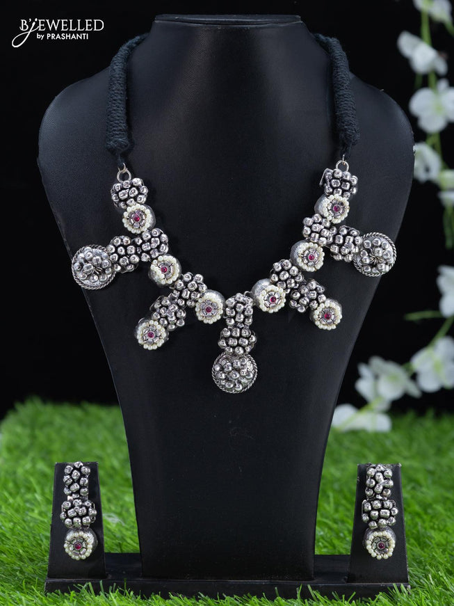 Oxidised Necklace floral design with pink kemp stone and pearls - {{ collection.title }} by Prashanti Sarees