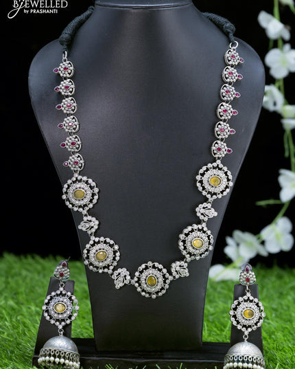 Oxidised necklace floral design with yellow and pink kemp stones - {{ collection.title }} by Prashanti Sarees