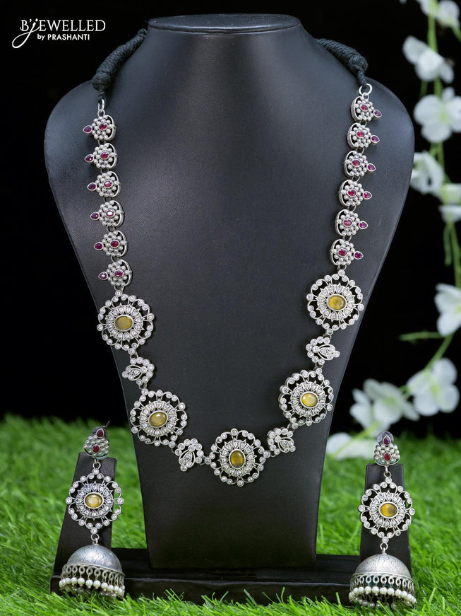 Oxidised necklace floral design with yellow and pink kemp stones - {{ collection.title }} by Prashanti Sarees
